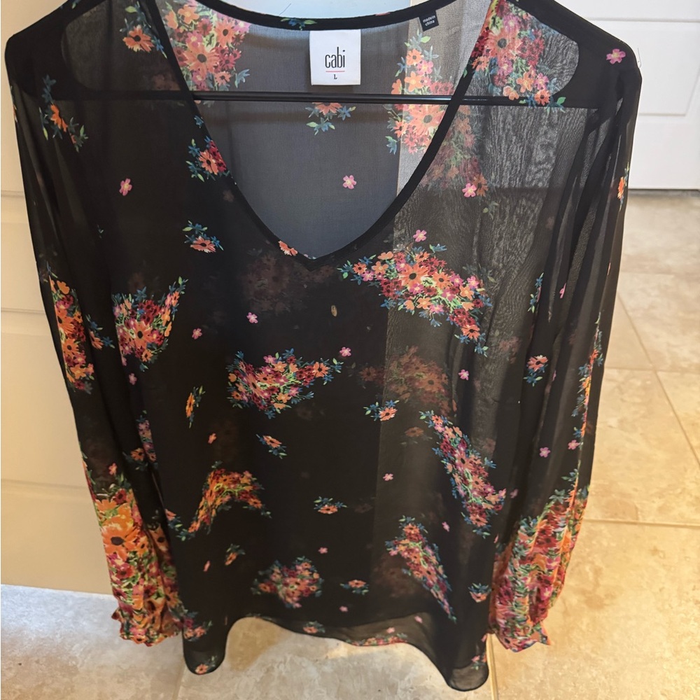 CAbi Black Sheer Floral Blouse